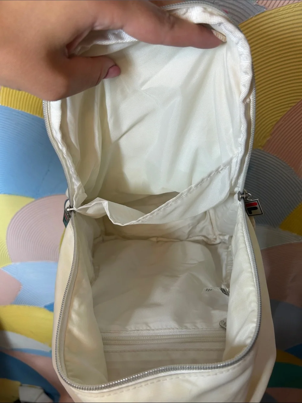 Fila Mini White Backpack with Navy and Red Logo Accents